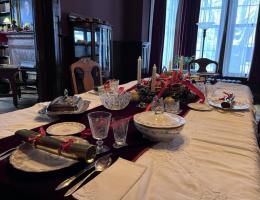The Rutherfords' dining room table decorated for Christmas.